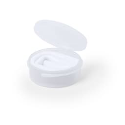 A clear container holding white drinking straws with a lid. The product includes a branding logo.