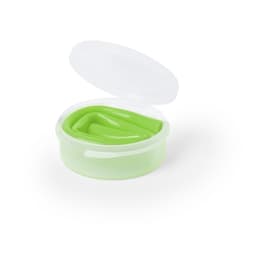 A green silicone drinking straw stored in a transparent container with a white lid.