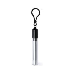 A clear drinking straw with a black cap and a clip for attachment. The straw is enclosed in a transparent case.