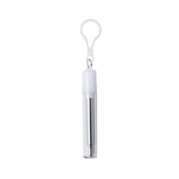 A drink bottle featuring a stainless steel straw stored in a clear protective case, with a white attachment clip.