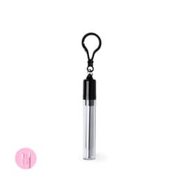 A drink bottle with a clear body and a black cap, featuring a keychain attachment for portability.