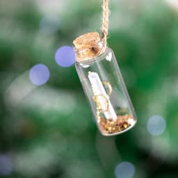 A clear glass wish bottle with a cork stopper, containing a rolled-up paper and decorative gold elements, hangs from a twine.