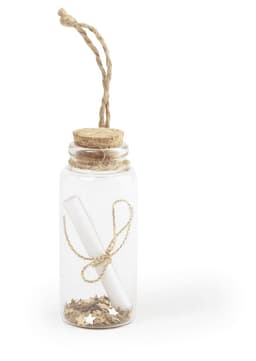 A clear glass bottle with a cork stopper, filled with decorative stars and a rolled message tied with twine.