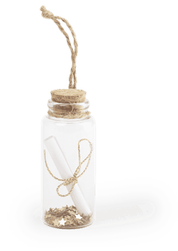 A glass bottle with a cork lid, featuring a twine handle, filled with star-shaped confetti and a rolled parchment inside.