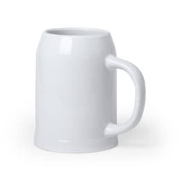 A white beer mug with a sturdy handle and a smooth, glossy finish. It features a simple design and a brand logo.