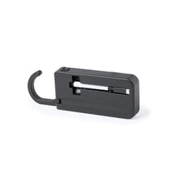 A black Katrin Message Hanger featuring a hook and a sliding mechanism for displaying messages. It has a branding logo.