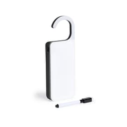A white and black message hanger with a hook design, accompanied by a white marker.