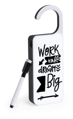 A white and black message hanger with a hook and a pen for writing notes. Features various motivational phrases.