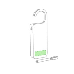 A green message hanger with a hook and a small pen beside it, designed for home use.
