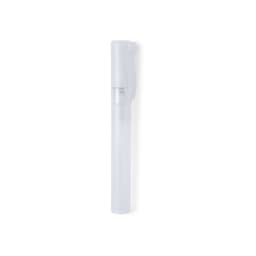 A clear hand sanitiser spray bottle with a white cap. The bottle has a sleek, slender design.