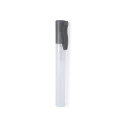 A clear hand sanitiser bottle with a grey pump top. The bottle is slim and cylindrical in shape.