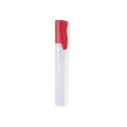 A clear hand sanitiser bottle with a red spray nozzle and cap. The bottle has a smooth, cylindrical shape.