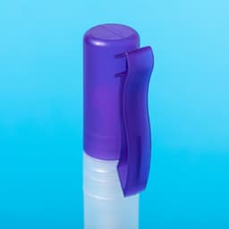 A hand sanitiser bottle with a purple cap and clip, set against a light blue background.