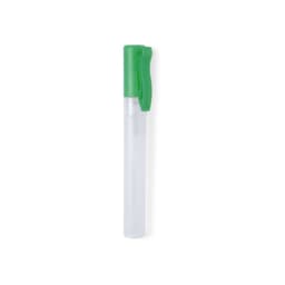 A clear hand sanitiser bottle with a green spray nozzle and cap, featuring a simple design and a logo.
