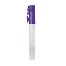 A clear hand sanitiser bottle with a purple spray top and a branded logo.