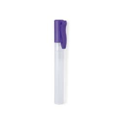 A hand sanitiser in a clear container with a purple cap. The product has a sleek, modern design and includes a logo.