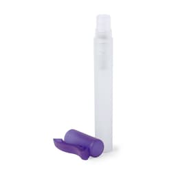 A clear hand sanitiser spray bottle with a purple cap, featuring a transparent design.