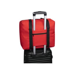 A red wheeled bag with a black handle, featuring a zippered front pocket.