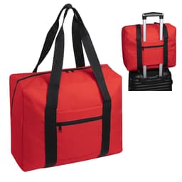 A red wheeled bag with black straps and a front pocket, featuring a handle for easy transport.