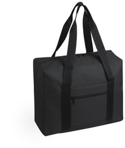 A black wheeled bag with dual handles and a front zip pocket. It features a simple, contemporary design.