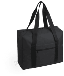 A black wheeled bag with dual handles and a front zip pocket, featuring a simple logo.