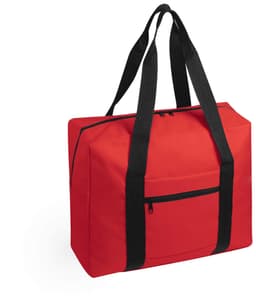 A red wheeled bag with black straps and a front pocket, featuring a logo.