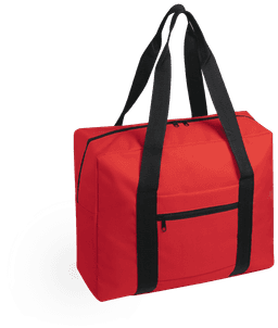 A red wheeled bag with black straps and a front zip pocket, featuring a logo on the side.