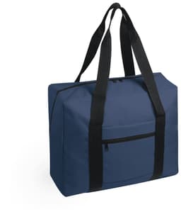 A navy wheeled bag with black straps and a front zip pocket, featuring a logo on the surface.