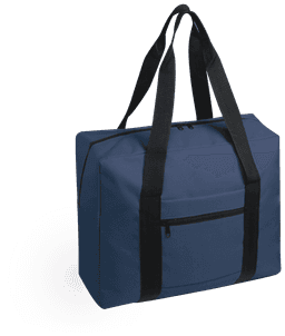 A navy wheeled bag with black handles and a front pocket, featuring a logo.