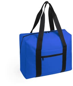 A blue wheeled bag with black straps and a front zippered pocket. It has a simple design and is spacious.