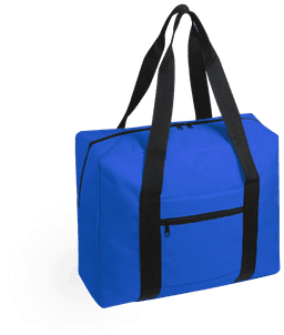 A blue wheeled bag with black straps and a front zipped pocket. The bag has a sleek, modern design and a branding logo.