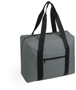 A grey wheeled bag with black straps and a front zipper pocket. It features a square shape and a sturdy design.