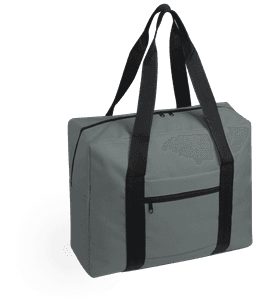 A grey wheeled bag with black handles and a front pocket, featuring a logo.