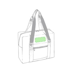 A wheeled bag in grey with dual handles and a front pocket. It features an area for branding or labels.