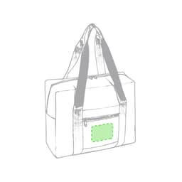 A wheeled bag featuring dual handles and a front zip pocket, illustrated in a grey outline with a placeholder for branding.