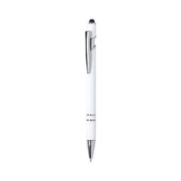 A white ballpoint pen with silver accents and a stylus tip, featuring a logo on its body.