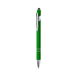 A green ballpoint pen with a chrome clip and accents, featuring a stylus tip at the top.