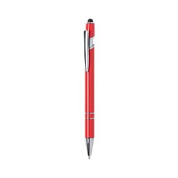 A red ballpoint pen with a sleek design and a stylus tip, featuring a chrome clip and accents.