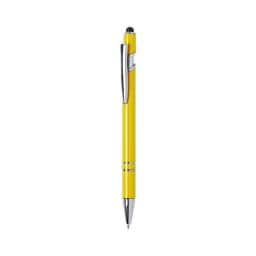 A yellow ballpoint pen with a glossy finish and chrome accents, featuring a stylus tip.