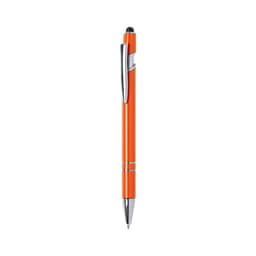 An orange ballpoint pen with a sleek design and a stylus tip, featuring chrome accents and a branded logo.