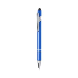 A blue ballpoint pen with a sleek design and chrome accents, featuring a stylus tip and a branding logo.