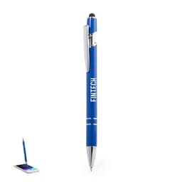 A blue ballpoint pen with a stylus tip, featuring a silver clip and branding, placed next to a tablet.