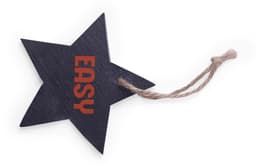 A dark blue star-shaped decoration with a jute twine hanger, featuring the word "EASY" in red.