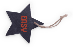 A star-shaped tag in navy blue with the word "EASY" printed in red, attached to a twine string.