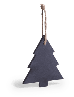 A dark blue wooden Christmas tree decoration with a jute string for hanging.