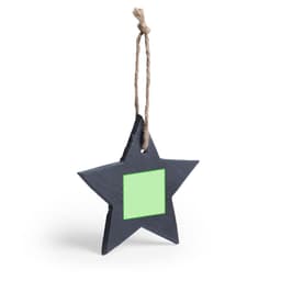 A navy star-shaped decoration with a green square patch and a brown string for hanging.