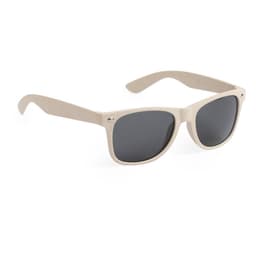 A pair of lightweight sunglasses with a cream frame and dark lenses, featuring a logo on the side.