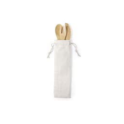 A cutlery set featuring bamboo utensils in a white cloth pouch. Includes a spoon, fork, and knife.
