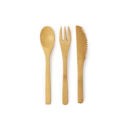 A bamboo cutlery set featuring a spoon, fork, and serrated knife, all in a natural finish with a smooth texture.