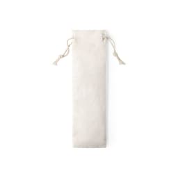 A beige drawstring pouch with a smooth texture, suitable for storing cutlery sets. It has a branding logo.
